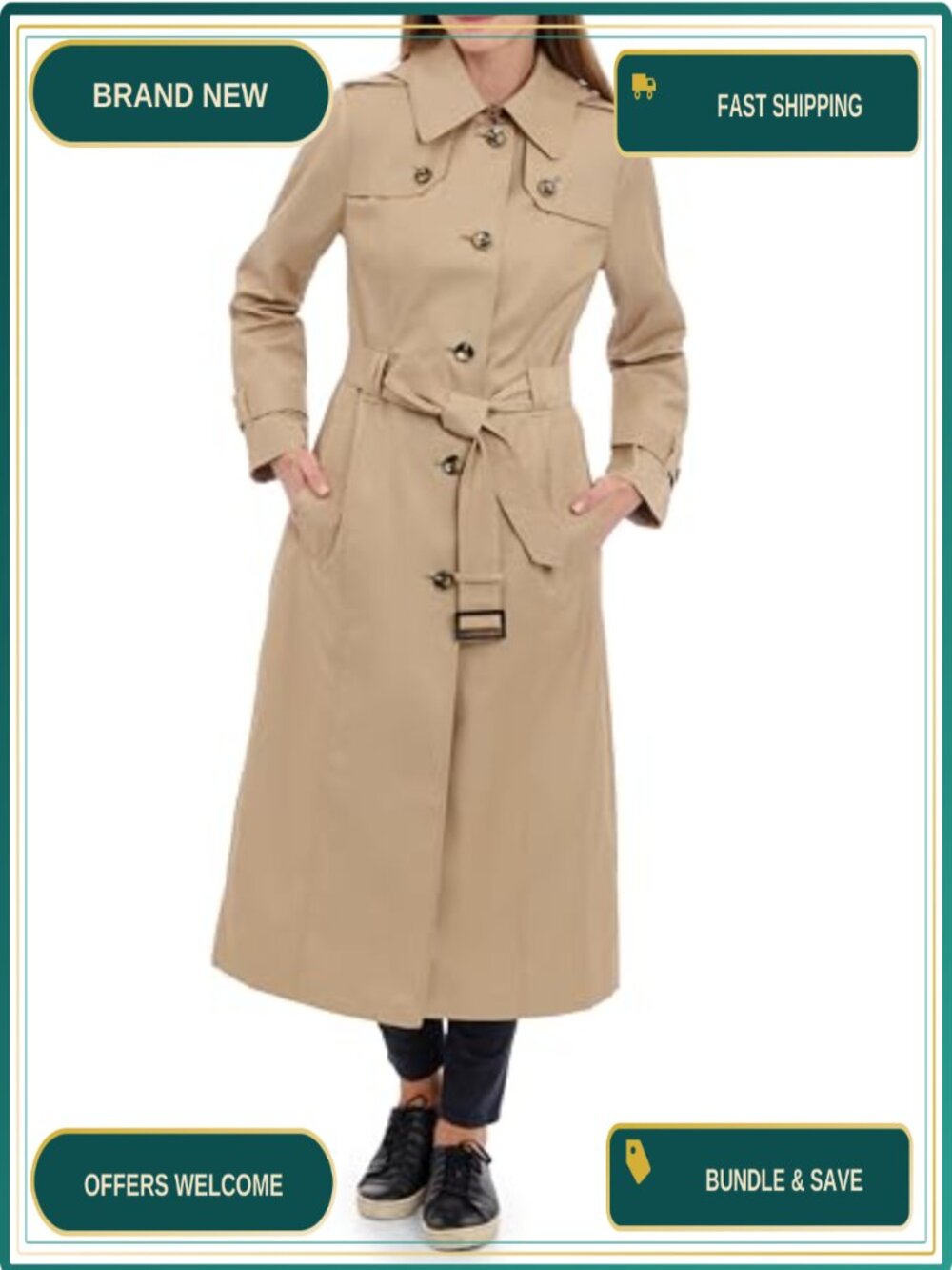Womens Trench Coat Button Front Belted Water Resistant Long